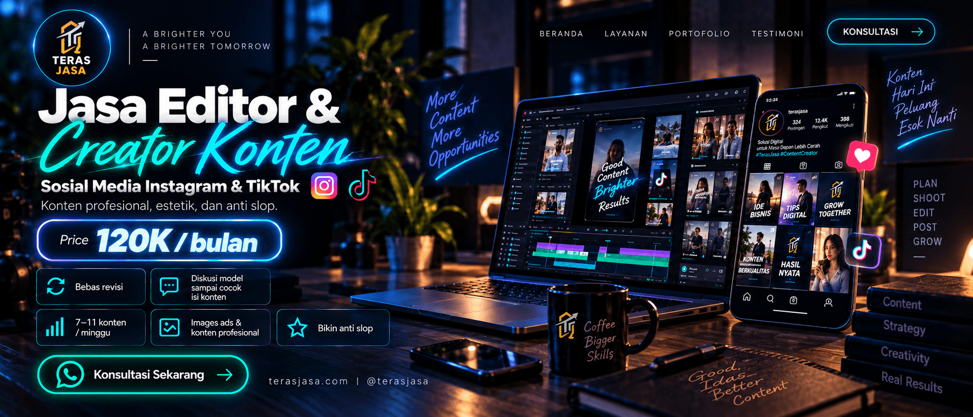Jasa Editor dan Creator Konten sosial media Instagram dan TikTok Teras Jasa, 120 ribu per bulan, bebas revisi, 7 sampai 11 konten per minggu